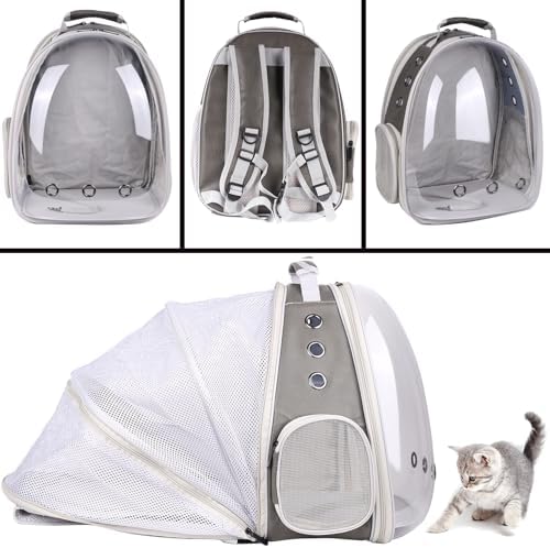 Expandable Carrier Backpack for Kitten Bunny and Small Puppy, Vented Transparent Space Capsule Astronaut Cat Bubble Window, PU Leather Grey Vet Carry Bag