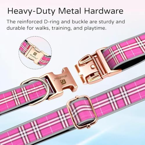 Reflective Plaid Dog Collar for Medium Dogs, Rose Red-M