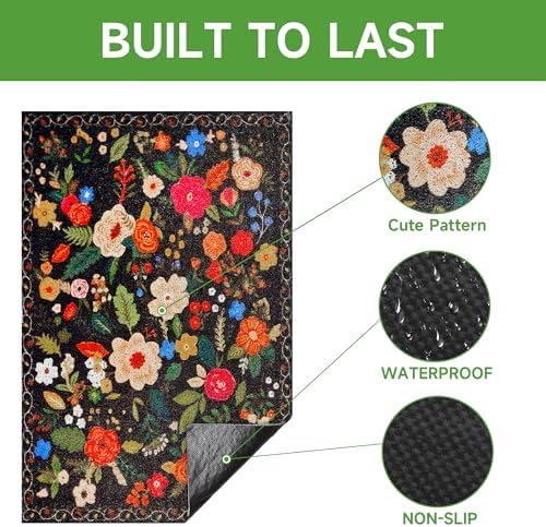 Cat Litter Mat, 35" x 23" Litter Box mat, Traps 100% Litter, Non-Slip Kitty Litter Trapping mats, Large Cute Litter mat, Easy Clean for Scatter Control, Bohe cat Food mat, Urine Waterproof