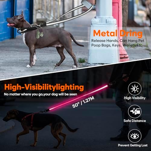 LED Dog Leash Ultra Bright, Waterproof, 7 Lighting Mode, Glow in The Dark & Reflective, Type-C Rechargeable, Battery Indicator, Carabiner Clip for Night Walking Safety, Small to Large Pets