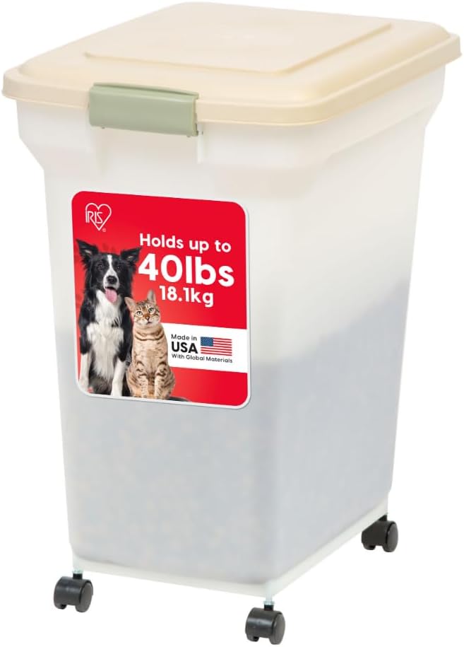 IRIS USA Dog Food Storage Container, Up to 40lbs, Almond/Pearl, Made in USA | Wheels for Mobility, Airtight Seal, BPA-Free, Best for Bird Seed, Cat food, Cat Litter, Chicken Feed, Pellets