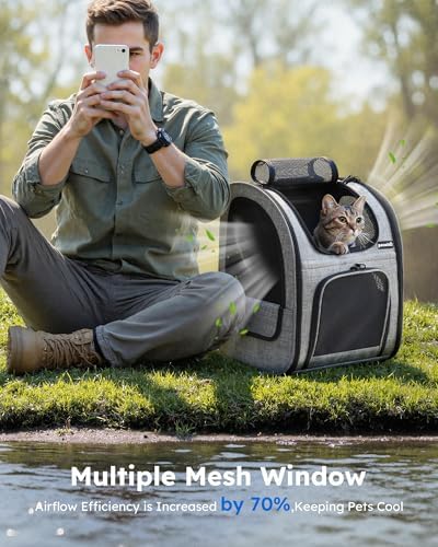 Pecute Cat Backpack with Breathable Mesh, Dog Backpack Carrier with Multi-Pockets, Cat Carrier Backpack Comfortable, Cat Backpack Carrier for Travel Hiking and Camping Gray