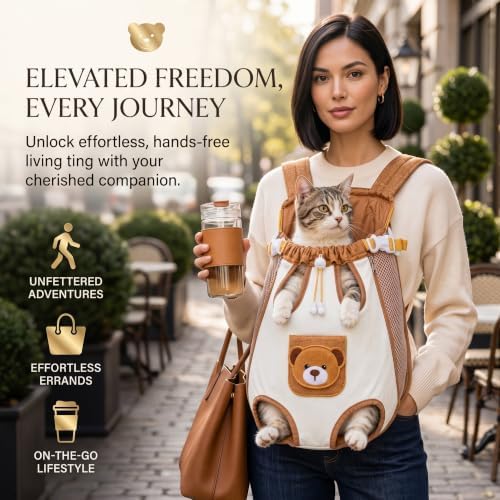 Cute Bear Design Front Pet Carrier Backpack, Adjustable Breathable Front Facing Pet Carrier for Small Dogs and Cats, Hands-Free Legs Out Puppy Chest Bag for Outdoor Hiking & Bike Riding，Medium