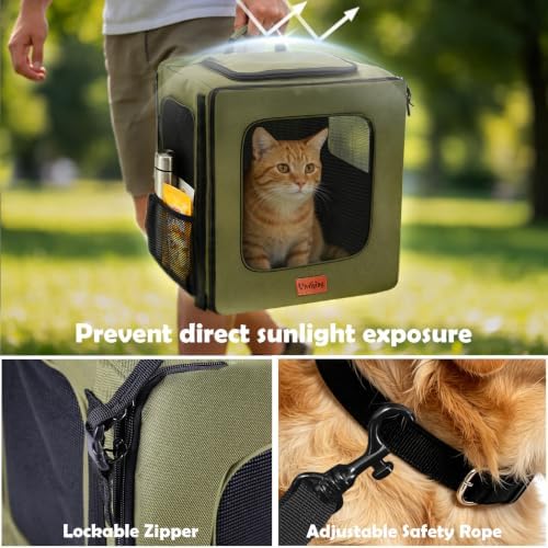 Vivifying Dog Backpack Carrier, 16.5"×15"×10.6" Breathable Pet Backpack for Travel with Sunshade, Locking Zippers & Thickened Bottom for Small Dogs and Cats up to 18 lb (Military Green)