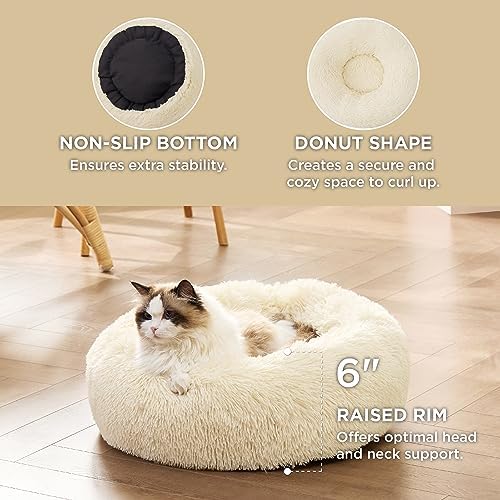 Bedsure Calming Cat Beds Donut Round Washable Kitten Bed,20 inches Cream
