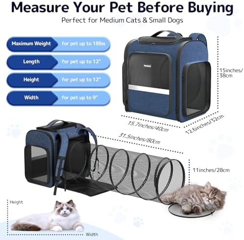 Pawtners Cat Backpack with Play Tunnel, Design for Carrying Playing Blue