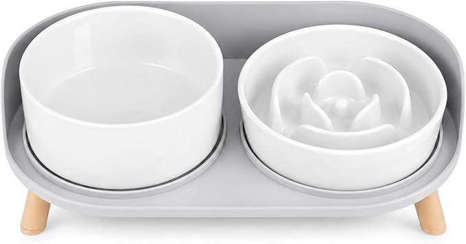 Elevated Slow Feeder Dog Bowls - Ceramic Food and Water Bowl Set with Stand - Raised Pet Dishes for Small and Medium Sized Dogs