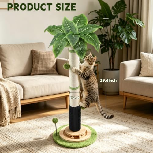 39.4'' Tall Cat Scratching Post,3.5 Inch Wide Sisal Cat Scratcher Tree with Leaves,Interactive Cat Toys for Indoor