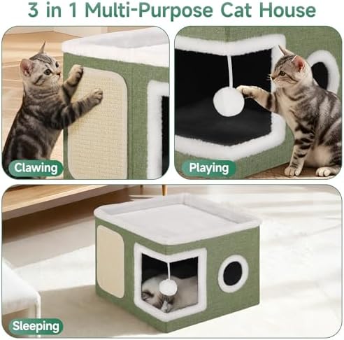 Shikha Cat House Bed for Indoor Cats with Fluffy Ball and Scratch Pad Green