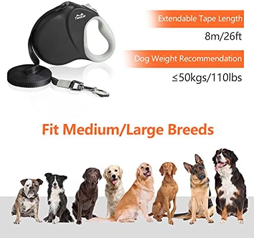 TwoEar 26ft Retractable Dog Leash with Anti-Slip Handle, Reflective 360° Tangle-Free Dog Walking Leash for Medium/Large Dogs Up to 110lbs, Heavy Duty Nylon Tape, One-Handed Brake