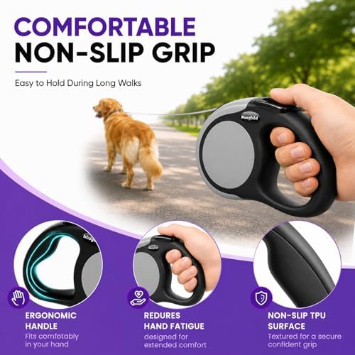 Heavy Duty Retractable Dog Leash-16ft Strong & Durable Walking Leash for S to L Dogs up to 45/115 lbs, Upgraded Lock System, Non Slip Grip, Tangle Free (Grey, Medium-Large Sized)