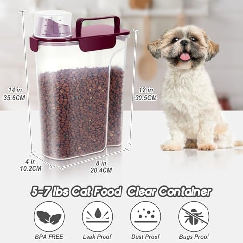 5-7Lbs Portable Cat Dog Food Storage Container with Upgraded Large Spout and Cup Dispenser for Small Large Animal Kibble, Pet Bird snack, Oatmeal, Rice, Flour, Brown Sugar-3 Pack (Purple Gray Green)