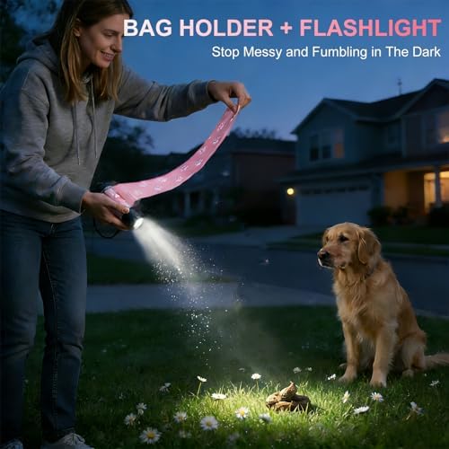 Dog Poop Bag Holder with Flashlight 7-Color, USB-C Rechargeable Poop Bag Displenser for Leashes, IPX6 Waterproof Anti-Slip Clip Pet Waste Bag Holder for Walking (1 Dispenser, 30 Bags)