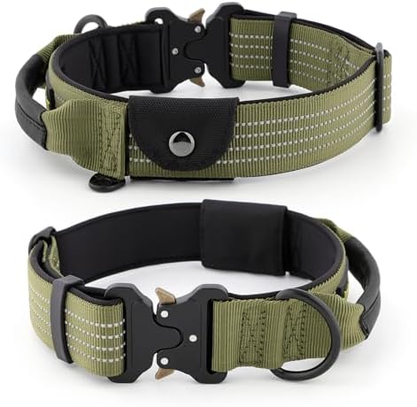 Plutus Pet Tactical Dog Collar with Pocket for AirTag, Ranger Green, S