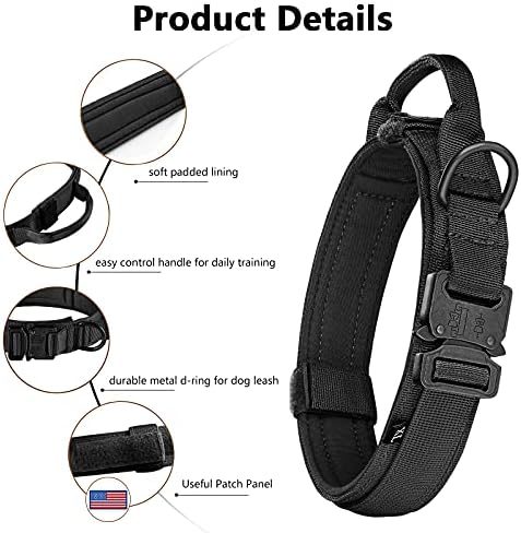 DAGANXI Tactical Dog Collar, Adjustable Military Training Nylon Dog Collar with Control Handle and Heavy Metal Buckle for Medium and Large Dogs, with Patches and Airtags Case (S, Black)