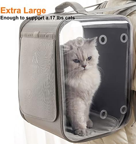 Cat Backpack Carrier Large Pet Backpack Carrier, 17lbs Load-Bearing Ventilated Design Dog Backpack Carrier for Small Dogs, Sturdy Cat Bubble Backpack for Travel, Hiking & Outdoor Use, Grey