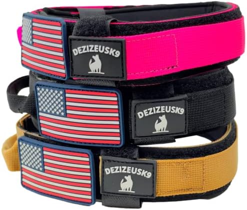 Tactical Dog Collar with Handle, American Flag Patch, 1.5 Inch Wide Thick Heavy Duty Nylon, Quick Release Metal Buckle, Customizable Name Plate, Ideal Dog Collars for Medium to Large Breeds K9 Harness