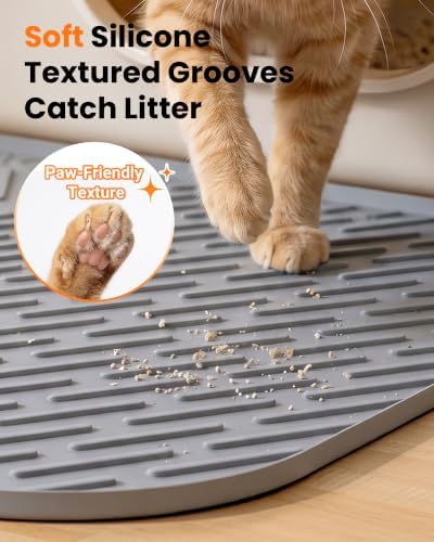 Large Cat Litter Mat, 34 x 22 Inch, Anti-slip Silicone Litter Box Mat, Gray