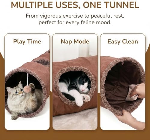 ZENFUN 51"x 12" Collasiple Cat Play Tunnel, Cats Tubes and Tunnels, Cat Foldable Hide and Seek Tunnel Toy, Brown Suede Pet Tube Toy for Rabbits, Ferrets, Puppy, Diameter 12 Inch