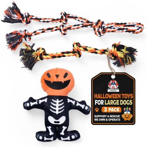 Pacific Pups Products Halloween Dog Toys for Large Dogs — 3-Pack Set | Plush Squeaky Toy + Dog Halloween Rope Toys Benefits Dog Rescue