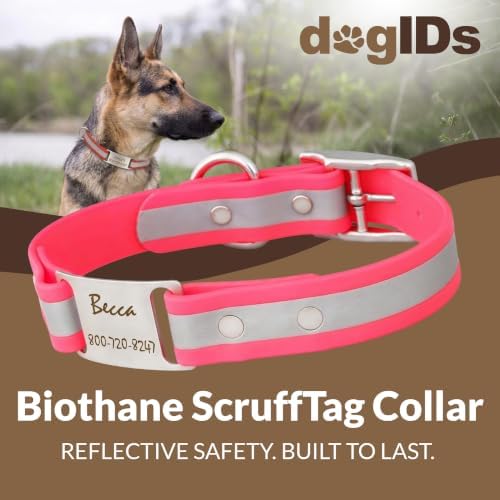 dogIDs Personalized Reflective Waterproof ScruffTag Dog Collar - Custom, Soft Grip, Safe Adjustable, Odor Resistant - Pink, 1 in x 16 in (Fits Neck Sizes: 14-18 in)
