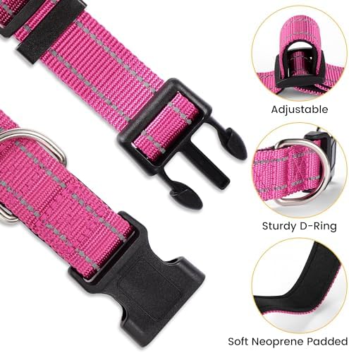 Nylon Personalized Dog Collars - Reflective Dog Collar with Name Tag Engraved, Soft Neoprene Padded Breathable Dog Collar Adjustable for Small/Medium/Large Dogs (Rose, M)