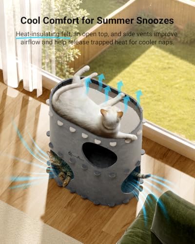 DownyPaws Cat House for Indoor Cats, 2-Storey Cat Bed Cave, Light Gray