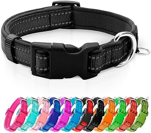 azuza Reflective Dog Collar, Neoprene Padded Puppy Collar, Black, XS