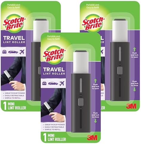 Scotch-Brite Retractable Lint Rollers 3-Pack, Portable Travel-Size Lint Removers for Pet Hair on Clothes, Furniture & Car, 3 in x 8.5 in Mini Rollers, 30 Sticky Sheets Each