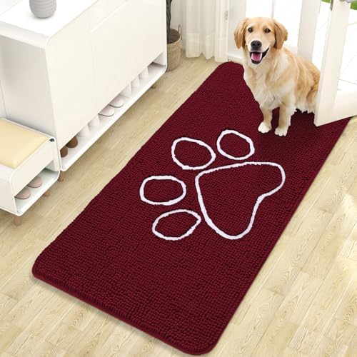 OLANLY Dog Door Mat for Muddy Paws 47x24, Paw Print Design Chenille Mud Mat