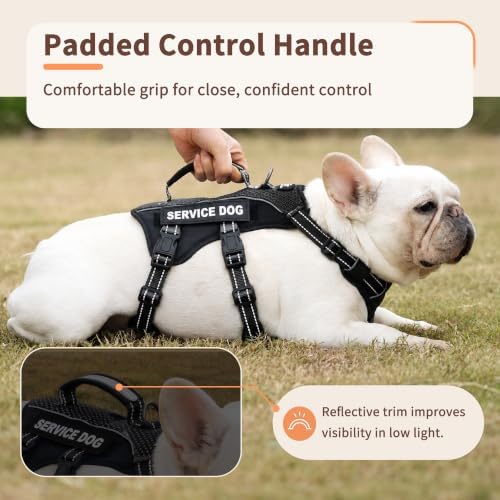 Huntboo Service Dog Vest Harness, Escape Proof Harness with 6 Patches, No-Pull, Reflective Harness with Handle, Adjustable for Small to Large Dogs, for Training and Hiking (Black, M)