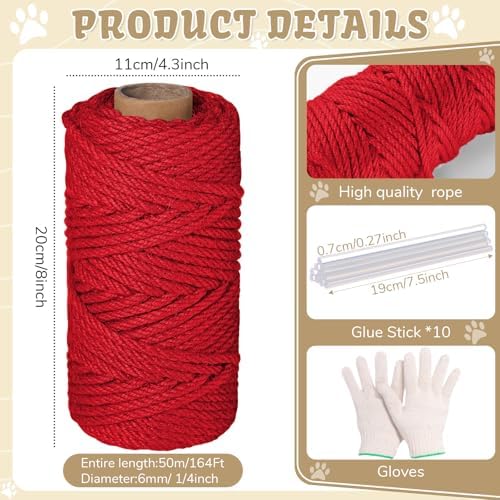 Natural Sisal Cat Rope for Posts, 1/4in ×164ft, Red