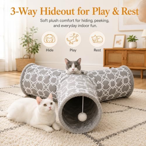 Geometric 3 Way Cat Tunnel with Plush Inside,Cats Toys Collapsible Tunnel Tube with Balls, for Rabbits, Kittens, Ferrets,Puppy and Dogs