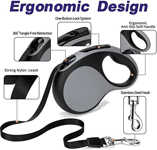 Heavy Duty Retractable Dog Leash,16 ft Dog Walking Leash for Small Medium Dogs up to 55 lbs, Tangle Free. (Medium, Grey)