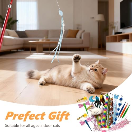 Cat Toys Interactive Feather Teaser Wand Set, [11 Pack] Retractable Cat Fishing Pole Toy with Assorted Replaceable Attachments & Bells, Fun Hunting Exercise Toys