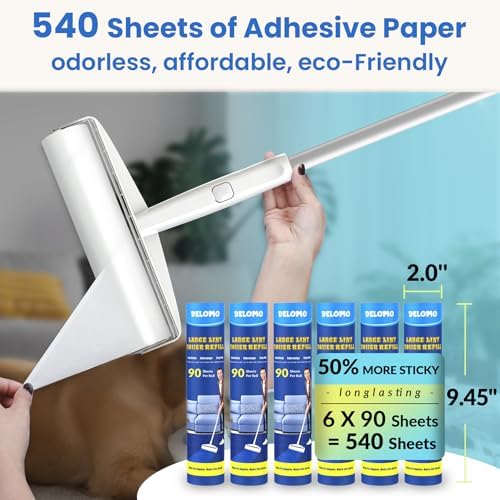 DELOMO 9.45” Large Lint Roller Refills, 6 Packs, 540 Extra Sticky Sheets