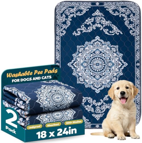 Washable Pee Pads for Dogs 18" x 24" - 2 Pack, Navy Blue, Stylish Reusable Puppy Training Pads - 100% Waterproof & Leak-Proof & Non-Slip, Potty Pads for Whelping, Crate, Floor