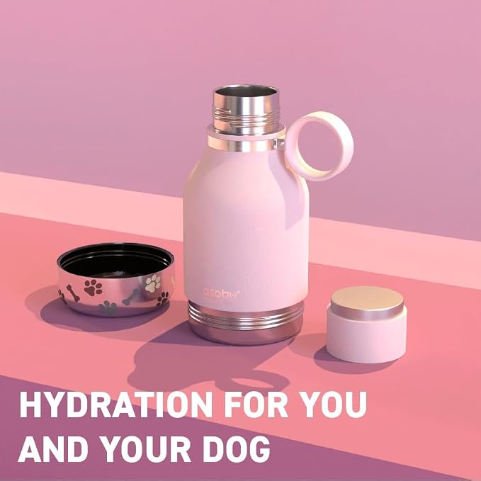 asobu Buddy Bottle, a Stainless Steel Insulated Water Bottle with Removable Dog Water Bowl and Dog Food and Treat Storage (Pink, 37 Oz)