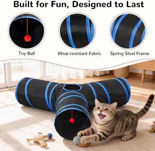 Tempcore Cat Tunnel, 3-Way Collapsible Toy, Large Size Black & Royal Blue