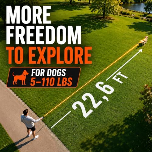 22.6 FT Retractable Dog Leash for Dogs 5-110 lbs–Reflective Leash with Reinforced Tape & Strong Cord–Quick Lock Button–360° Swivel System–Stainless Steel Spring–Comfortable Anti-Slip Handle BK