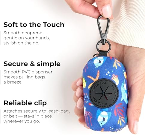 KIKI & RIKI Premium Dog Poop Bag Holder, Waste Bag Dispenser with Leash Clip, Artist-Designed Print (Designed in Georgia), Includes 1 Starter Roll of Bags, Fits Standard Rolls, Blue (Ocean Tale)