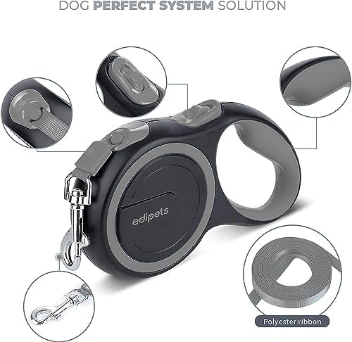 Retractable Extendable Dog Leash, 3, 5 and 8 Metres, Flexible Tape for Training and Walking, with Lock and Brake, Design and Comfortable Grip (5 Metres Over 20 kg, Grey)