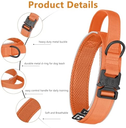 HYDEME Tactical Dog Collar, Alpine Loop Adjustable Military Training Nylon Dog Collars with Handle and Reflective for Small Medium Large Dogs, with Airtags Protective Case & Patches.(L,Orange)