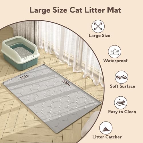 Garoopion Silicone Cat Litter Mat 34×22 inch, Easy to Clean, Gray