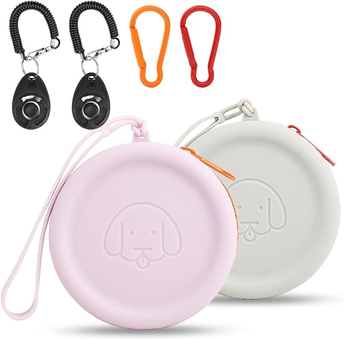 WALLFID Silicone Dog Treat Pouch Small Bag,2PCS Pet Walking Bag for Dog and Cat,Pocket Size,Easy to Clean,Odorless,Zipper Design,Moisture-Proof,Travel Walking Bag,Portable Training Bag. (Gray&Purple)