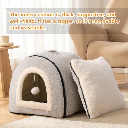 Cat Bed for Indoor Cats，Foldable cat cave，Anti-Slip & Water-Resistant Bottom，cat Houses for Indoor Cats or Small Dogs, Kitten Tent, Rabbit Bed，2 in 1 pet Bed (Grey)