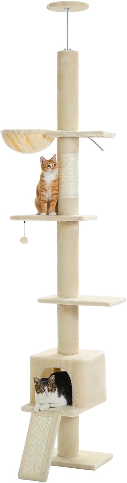PEQULTI Floor to Ceiling Cat Tree, Adjustable 83-108in 5-Level Tower, Beige | Tension-mounted tall cat tower with 5 levels, cozy condo, hammock & sisal scratching post; wide base for indoor adult cats