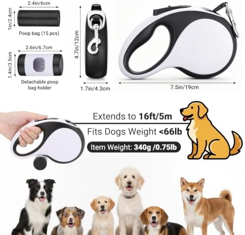 Segarty 16 Ft 360°Tangle-Free Leash with Detachable Poop Bag Holder, Retractable Lead for Dogs up to 66 lbs, 5m Long Walking Leash for Pets Outside with Anti-Slip Handle & One-Handed Brake Pause Lock