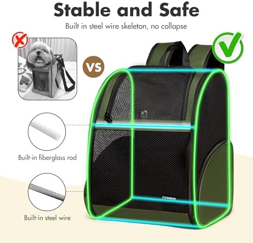 Pet Backpack Carrier, Large Cat Carrier Backpack Up to 20 Lbs with Breathable Mesh, for Medium Large Cats or Small Dogs, Travel Hiking Camping Backpack (DarkGreen-XL)