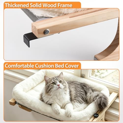 AMOSIJOY Wooden Cat Windowsill Perch with Zipper Cushion Bed, 22in
